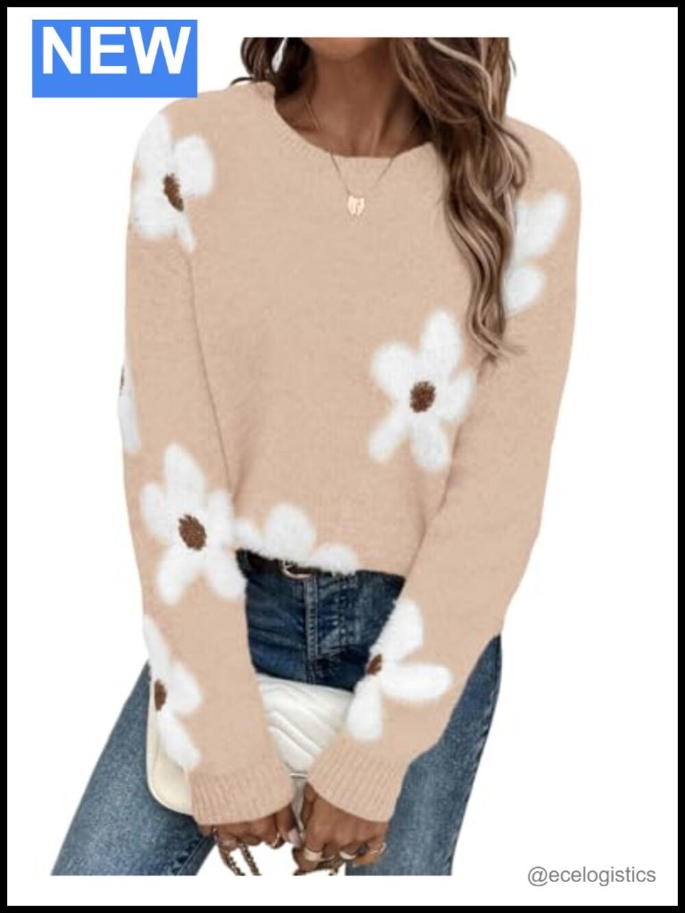Floral Chunky Knit Pullover Sweater - Oversized Crewneck